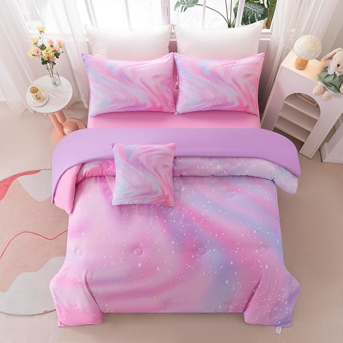 4Pcs Girls Comforter Sets Queen for Girls Kids, Gradient Colorful Rainbow Bedding Set Queen Bed in A Bag (1 Comforter, 1 Flat Sheet, 2 Pillowcases)