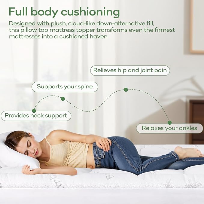 OLANLY Full Mattress Topper – Viscose Made from Bamboo, Cooling Soft Full Pillow Top Mattress Pad for Back Pain Relief, Plush Down Alternative Fill Bed Topper with Elastic Deep Pocket, White