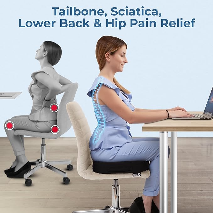 Seat Cushion for Office Chairs - Fits 18"x14" Seats, Tailbone, Coccyx Pain Relief - Butt, Pressure & Sciatica Relief - Gaming, Wheelchair, Car & Desk Pillow, Black