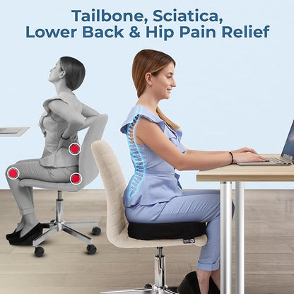 Seat Cushion for Office Chairs - Fits 18"x14" Seats, Tailbone, Coccyx Pain Relief - Butt, Pressure & Sciatica Relief - Gaming, Wheelchair, Car & Desk Pillow, Black