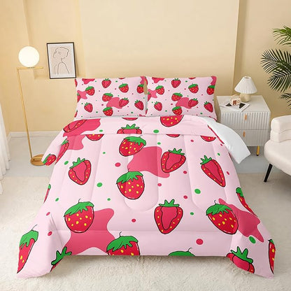 QOOMO Kawaii Comforter Twin,Pink Strawberry Comforter Set for Kids Teens Girls,3Pcs Bedding Set Printed Comforter with 2 Pillowcases,Down Alternative,Soft and Lightweight，Twin Size