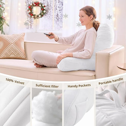 Sasttie Reading Pillow for Bed - 23 Inch, Back Pillow for Bed Sitting Up, Back-Rest Support Cushion with Side Pockets and Arms, Dorm Essentials, Oeko-Tex Certified, White