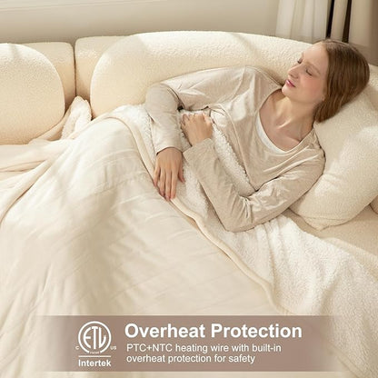 Electric Blanket Full Size 72" X 84" - Flannel Sherpa Heated Blanket with Fast Heating, 6 Heat Settings, 1-10 Hrs Timer Settings, ETL Certified Heating Blanket, Washable, White