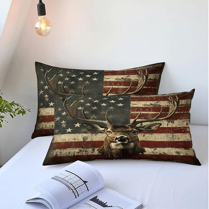 Deer Twin Duvet Cover Sets,Deer and American Flag Bedding Sets for Hunter Bedroom Decor, 1 Duvet Cover 2 Pillowcases Comforter Cover for Adult Teen boy,Twin