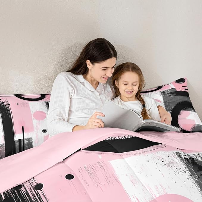 Feelyou Kids Abstract Art Comforter Set Full Size Geometric Bedding Set for Boys Girls Teens Bedroom Decor Geometric Pink Grey Black Comforter Women Men Modern Duvet Set with 2 Pillow Case