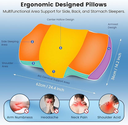 HOKIZU Cervical Memory Foam Pillow with Bamboo Fabric Pillowcase- Breathable, Supportive for Neck & Shoulder Pain Relief, Ergonomic Contour Neck Pillow for Side, Back, Stomach Sleepers(White-Gray)