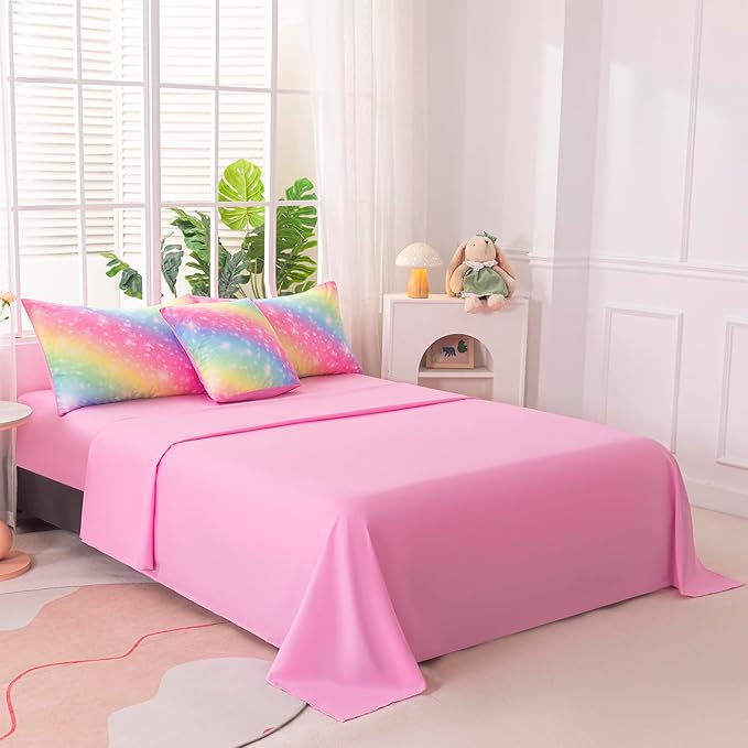 6Pcs Queen Size Comforter Set for Girls Kids, Gradient Colorful Rainbow Girls Bedding Set Queen with Sheets, Soft & Breathable Kids Bed for Gift Bedroom Decor