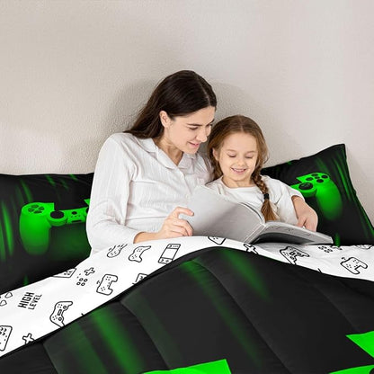 Feelyou Boys Gamer Comforter Set Queen Size Bedding Set for Kids Gaming Comforter Green Black Video Games Gamepad Room Decor for Teens Child Super Soft Geometric Duvet Quilted Son Grandson Gift