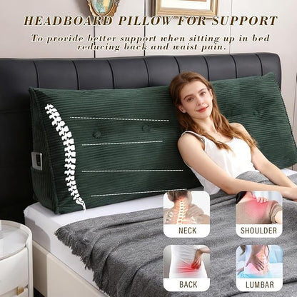 Wedge Headboard Pillow for Bed, Full Dorm Headboard Support for Sitting Up Reading, Relaxing, Removable Washable Corduroy Cover, Polyester and Shredded Foam Filling, Green