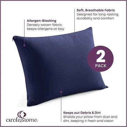 CirclesHome Pillow Covers with Zipper King Size - 2 Pack - 100% Cotton Soft and Breathable Pillow Protectors - Protects Pillows from Dirt, Dust and Debris - Navy