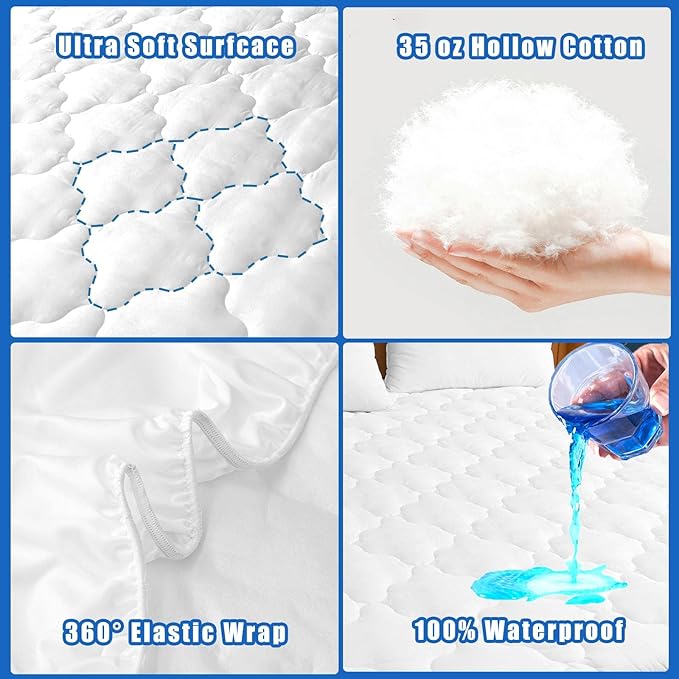 Waterproof Mattress Protector Twin Size, 6''-21'' Deep Pocket Fitted Quilted Mattress Pad Cover, Breathable, Hollow Cotton Alternative Filling Mattress Pad Cover, Twin Size