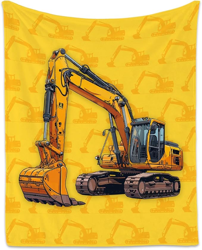 Toddler Blankets for Boys, Cozy Soft Excavator Throw Gifts for Kids, Yellow Flannel Construction Blankets for Bed Travel, 50x60 Inches