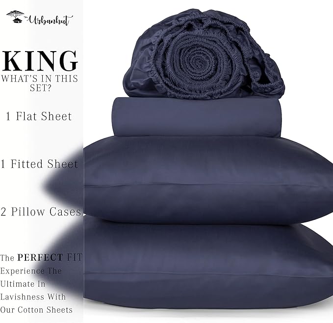 URBANHUT 1000 Thread Count King Sheet Set Egyptian Cotton Sheets, Long Staple Soft & Breathable, 4 Pc Bed Sheet Sets, Luxury Hotel Sateen Sheets Fits 16" Deep Pocket - Navy Blue