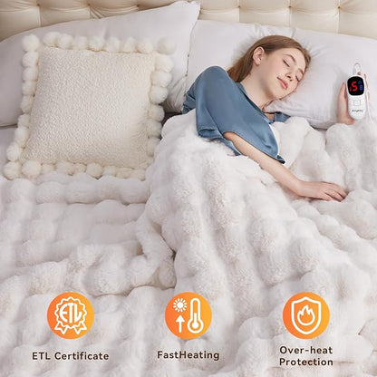 Heated Blanket Throw with 1/2/4/6/8 Hours Auto-Off 10 Heat Level, 50'' * 60'' Cozy Faux Rabbit Fur Bubble Electric Blanket with Overheat Protection(White)