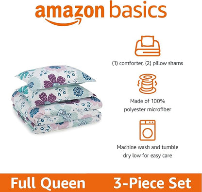 Amazon Basics Soft, Plush 3 Piece Microfiber Kid's Comforter and Pillow Sham Set, Full/Queen, Purple Flowers, Bluish Pink, Lightweight, Floral