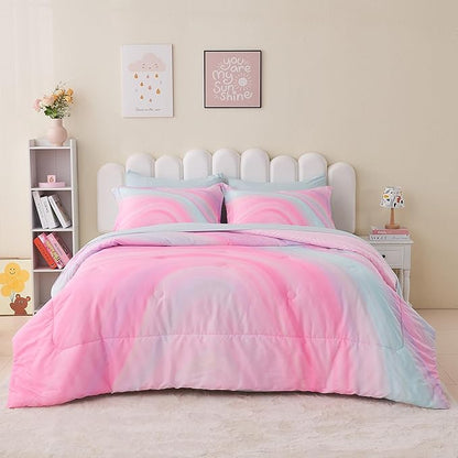 Wajade Girls Pink Comforter Set Bed in A Bag Full Size 7 Piece 3D Colorful Tie Dye Pink Rainbow Bedding Set for Teens Girls (1 Comforter, 1 Flat Sheet, 1 Fitted Sheet, 2 Pillowcase and 2 Pillow Sham)