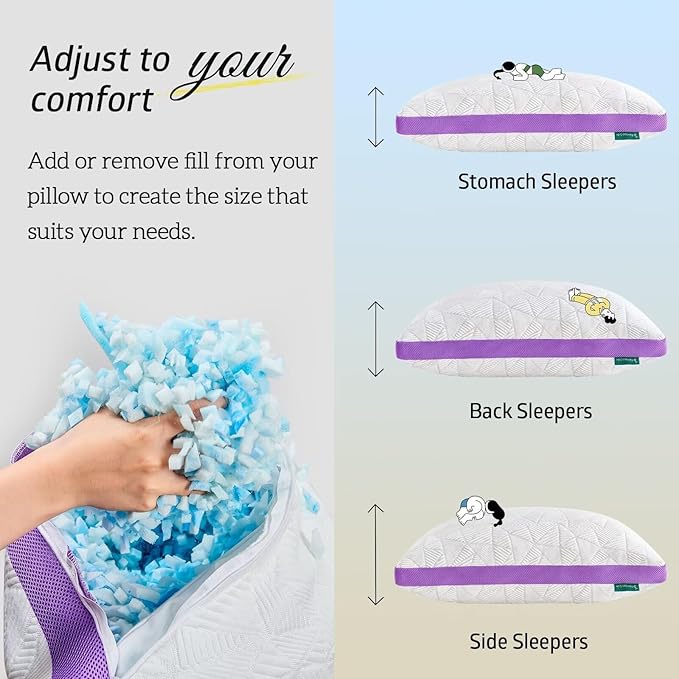 BETU Cooling King Size Pillows Set of 2, Shredded Memory Foam Cool Pillows for Hot Sleepers, Adjustable Firm Soft Support Bed Pillow Perfect for Back Neck Pain and Side Sleeping with Cover, Purple