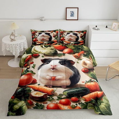 Cute Guinea Pig Comforter Set Twin Size 3D Fresh Vegetables Bedding Set Bedroom Decor Lovely Wild Animal Quilt Set for Kids Boys Girls Carrot Fruit Duvet Insert 2Pcs