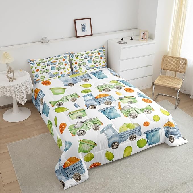 Garbage Truck Bedding Trash Truck Comforter Set Green Garbage Cool Design Bedding Sets All Season Gift for Kids Boys Girls Child, Cartoon Waste Management Vehicle Duvet Set King with 2 Pillowcases