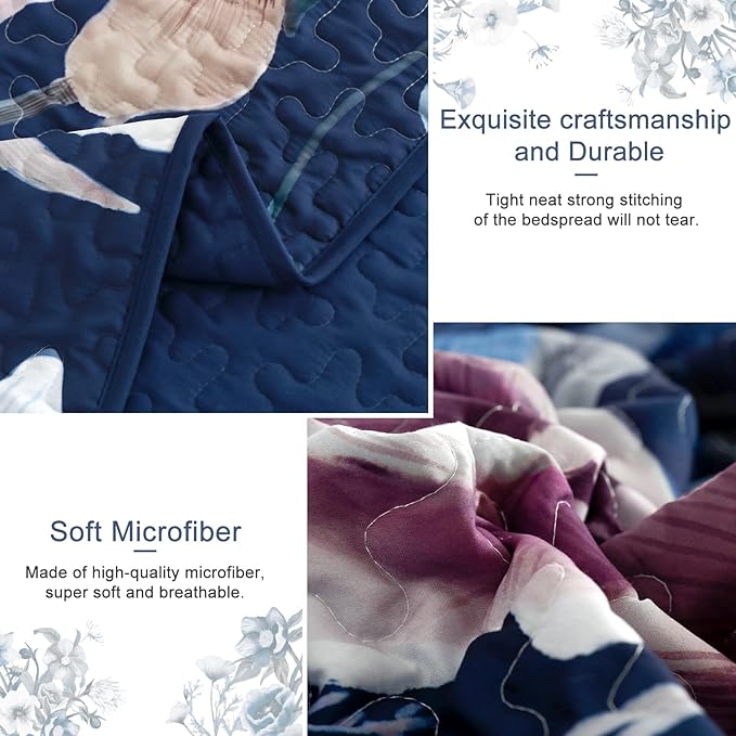 Drucon Blue Floral Quilt Set King Size 3 Pieces Blue Botanical Flower Quilt Coverlet Set Soft Microfiber Lightweight Quilted Bedspread for All Season 104"x90"