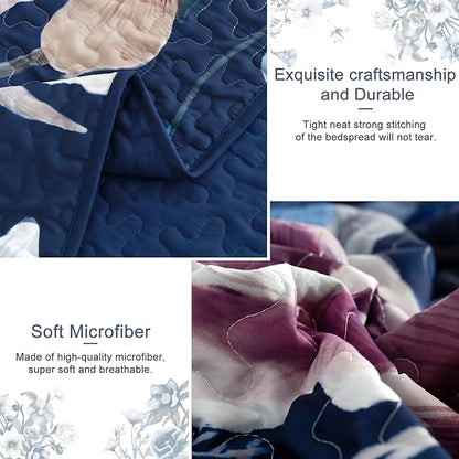 Drucon Blue Floral Quilt Set King Size 3 Pieces Blue Botanical Flower Quilt Coverlet Set Soft Microfiber Lightweight Quilted Bedspread for All Season 104"x90"