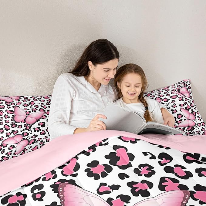 Leopard Print Comforter Set Queen,Pink Butterfly Bedding Set 3pcs for Kids Teens Boy Girl Room Decor,Wild Animals Theme Quilt Set Cheetah Fur Duvet Insert with 2 Pillowcases