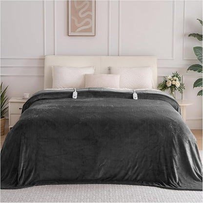 Heated Blanket Queen Size with Dual Control, Electric Blanket Double-Layer Flannel, Heating Blanket with 8 Heating Levels & 10 Hours Auto-Off Machine Washable, ETL Certification (Dark Grey, 84" x 90")