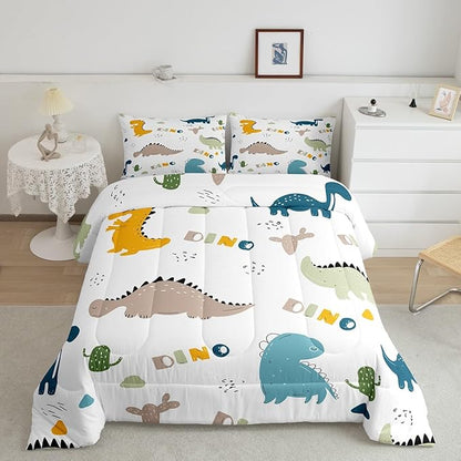 Feelyou Cute Dinosaur Comforter Set Cartoon Cactus Bedding Set Decor Jungle Dino Boho Succulent Comforter Wild Animal Pattern Yellow Grey Duvet Set Bedroom Quilt Set 2Pcs Twin with 1 Pillow Case