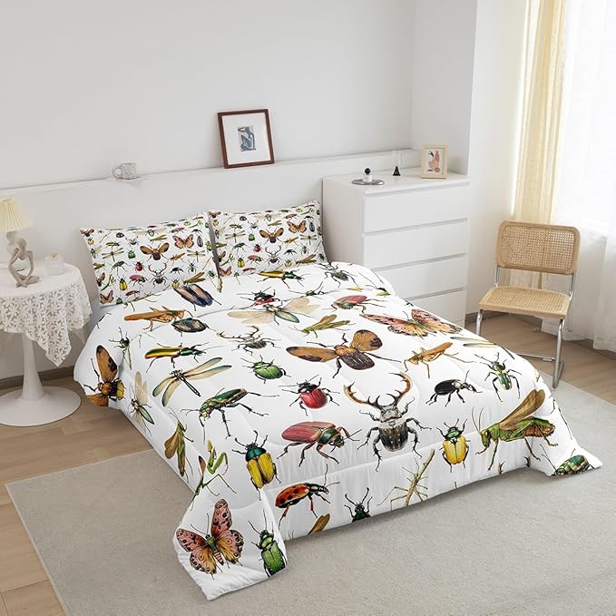3D Insects Comforter Cover King,Ladybug Moth Beetle Bedding Sets 3Pcs for Kids Teens Woman Men Room Decor,Dragonfly Wildlife Duvet Cover Reptile Entomology Theme Quilt Cover,2 Pillowcases