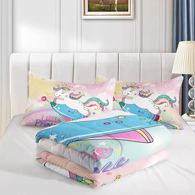 Kid Unicorn Comforter Set Twin Size Space Rocket Rainbow Star Dot Pattern Quilt Bedding Set for Boys Girls with 1 Comforter and 2 Pillowcases