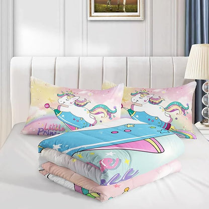 Kid Unicorn Comforter Set Twin Size Space Rocket Rainbow Star Dot Pattern Quilt Bedding Set for Boys Girls with 1 Comforter and 2 Pillowcases