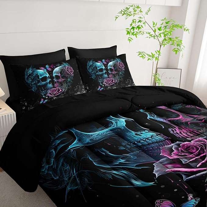 Black Skull Comforter Set 7 Piece Twin Size Bed in A Bag,Goth Bedding for Room Decor,Soft Western Comforter Boho Hippie Bedding with Fitted Sheet,Flat Sheet, Pillowcases & Shams