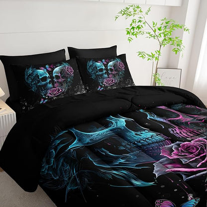 Black Skull Comforter Set 7 Piece Twin Size Bed in A Bag,Goth Bedding for Room Decor,Soft Western Comforter Boho Hippie Bedding with Fitted Sheet,Flat Sheet, Pillowcases & Shams