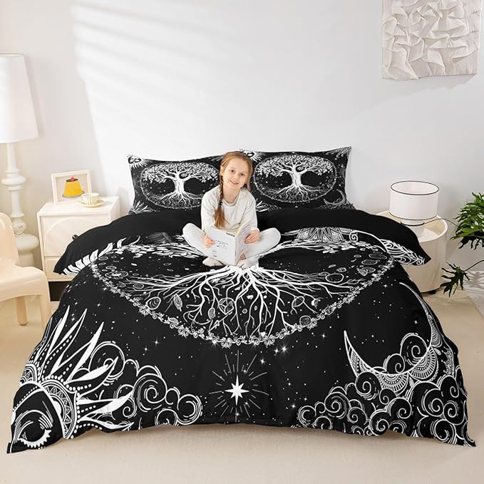 Castle Fairy Life Tree Comforter Cover Full Size,Abstract Sun Moon Stars Galaxy Space Duvet Cover with 2 Pillowcases,3 Piece,Psychedelic Mystic Polyester Bedding Set for Boys Teens Bedroom Decor