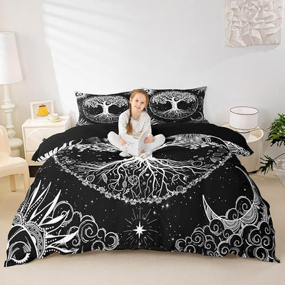 Castle Fairy Life Tree Comforter Cover Full Size,Abstract Sun Moon Stars Galaxy Space Duvet Cover with 2 Pillowcases,3 Piece,Psychedelic Mystic Polyester Bedding Set for Boys Teens Bedroom Decor
