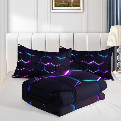 Hexagon Geometric Comforter Honeycomb Bedding Sets,Gradient Neon Gamer Comforter Sets for Boys Kids Teens Room Decor,Twin Size Bedding Comforter Sets with 2 Pillowcases.
