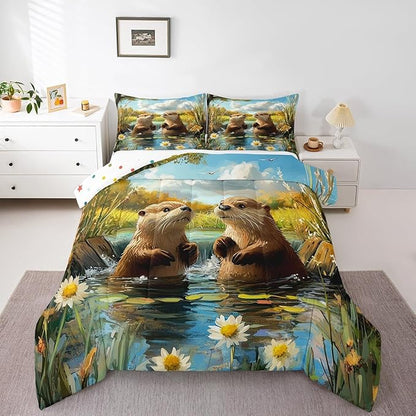 3D Otter Comforter Set Toddler Size 2 Pcs Oil Painting Style Pond Natural Scenery Bedding Sets for Kids Teens Adults Retro Daisy Watercolor Plants Rustic Style Quilted Comforter with 1 Pillowcase