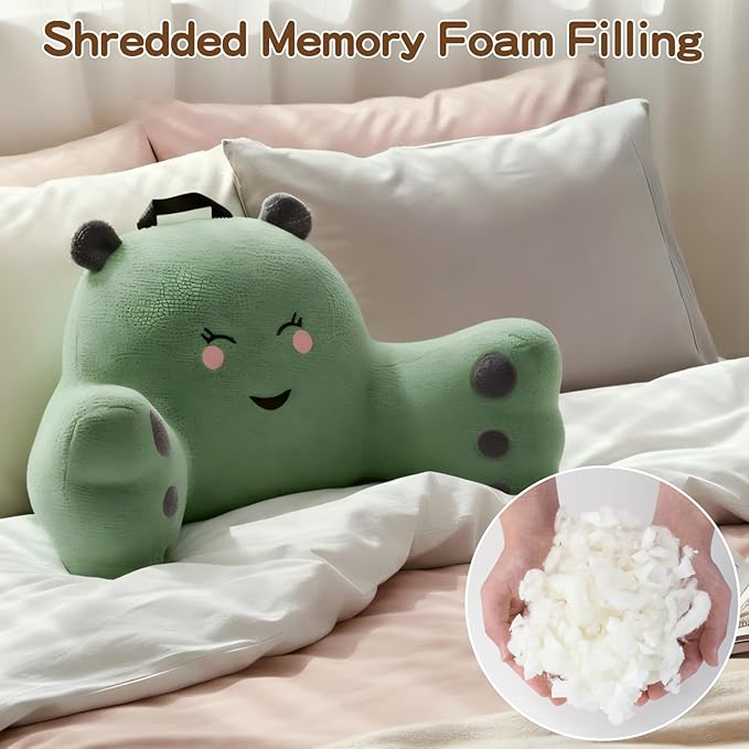 Reading Pillow for Sitting in Bed Couch Teens/Adult, Back Rest Pillow for Sitting Up in Bed with Shredded Memory Foam, Includes Arms and Washable Cover (Green)