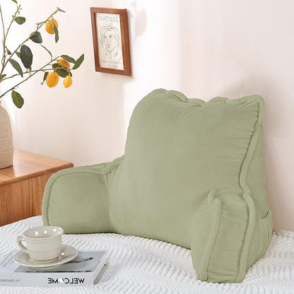 Super Soft Velvety Backrest Reading Bed Rest Pillow with Arms and Pockets 18" H for Sitting in Bed Couch Sofa, Back Support Wedge Cushion with Removable Cover, 20" x 18" x17", Slate Green
