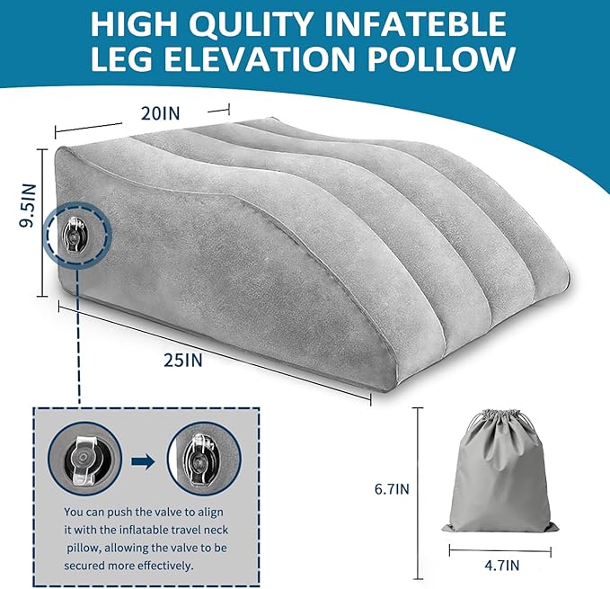 TheClover Inflatable Leg Pillow for Sleeping - Wedge Pillow with Eye Mask,Leg Elevation Pillow for Swelling,Circulation,Pain Relief,Bolster Pillow Leg Support for Travel,Hip,Foot,Ankle(Gray)