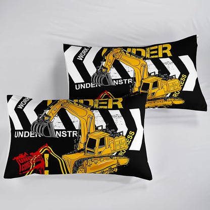 QOOMO Excavator Comforter King Size,Construction Truck Comforter Set for Kids Teens Boys Girls,3Pcs Bedding Set Printed Comforter with 2 Pillowcases,Soft and Lightweight(Black，King Size)