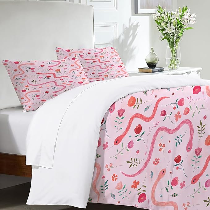 Reptiles Snake Theme 3 Pieces Duvet Cover Comforter Set with 2 Pillowcase King Size Snake Flower Bed Sheet Quilt Bedroom Bedding for Lover Kids