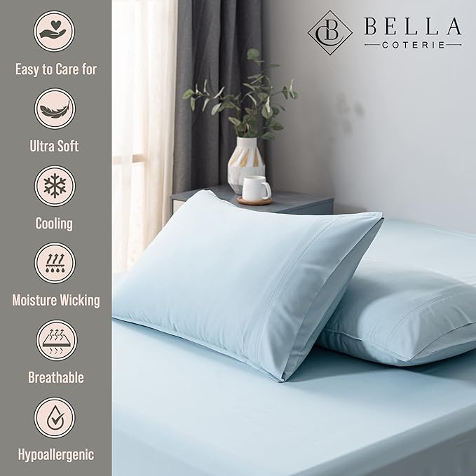 Bella Coterie | Luxury Bamboo Viscose Queen Size Pillowcase Set | 100% Organically Grown | Ultra Soft | Cooling | 2 Pcs [Coastal Blue]