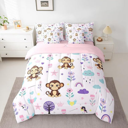 Erosebridal Twin Comforter Set 7 Pieces,Floral Monkey Reversible Bed in a Bag Twin,Cartoon Animal Twin Bedding Set,Cute Flower Comforter, Flat Sheet, Fitted Sheet, Pillowcases, Pillow Shams