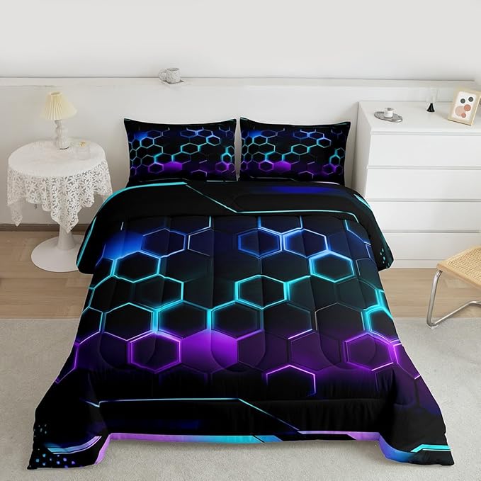 Fashion 3D Honeycomb Bedding Comforter Set Twin Size Neon Colorful Light Geometric Hexagon Comforter Set for Boys Teens Kids Bedroom Decor Video Racing Games Quilted Duvet Black Duvet Insert 2pcs