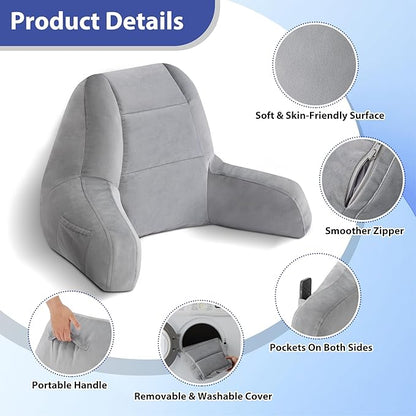 Reading Pillows for Sitting in Bed Adult, Back Pillow for Bed Sitting Up, Backrest Pillows with Shredded Foam for Adult&Teens, Support Pillow with Arms for Beds, Couch, Floor, 24in, Grey