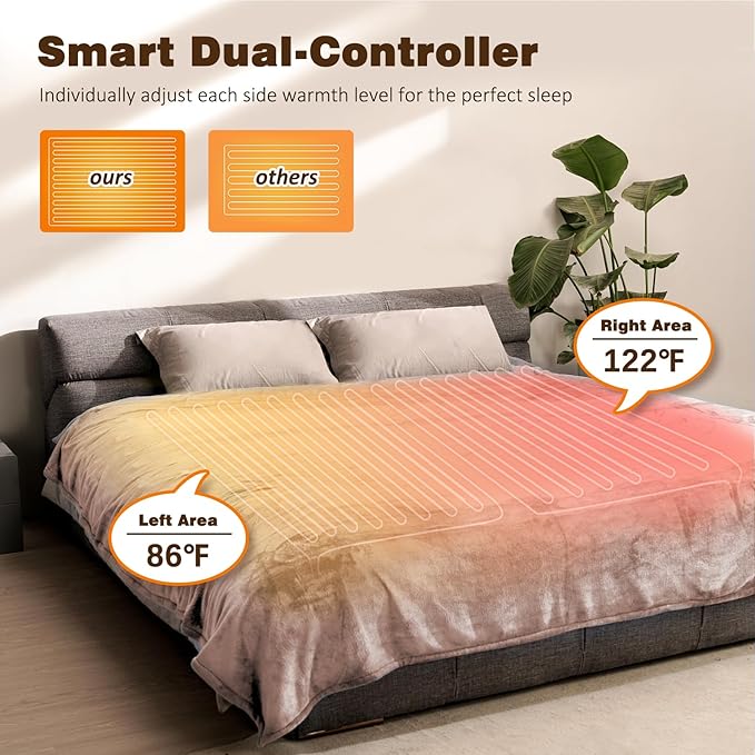 Electric Blanket King with Dual Control-100x90 Soft Double-Sided Flannel Heating Blanket, 9 Heat Levels & 10 Hours Timer Heated Throw, Machine Washable, Gift for Mom Dad - Camel