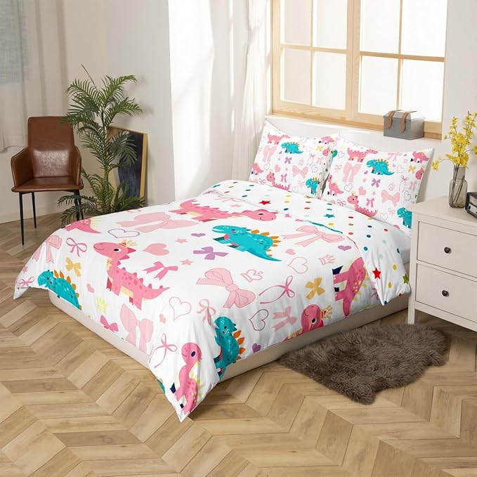 Cute Dino Duvet Cover Set Twin Size,Kawaii Bowknot Heart Princess Style Reversible Comforter Cover (Not Comforter),Pink Blue Dinosaur Cartoon Animal Polyester Bedding Set Bedroom Decor, 2 Pcs