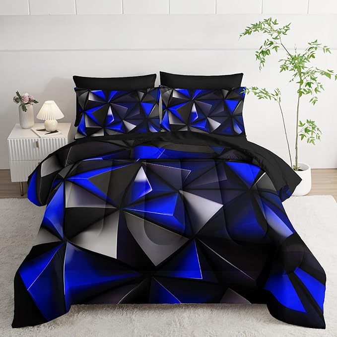 Geometric Full Comforter Set,Blue Black Honeycomb Bedding Set 7 Piece with Comforter Fitted Sheet Flat Sheet Pillowcases,Bed Sets Geometry Decor,Microfiber Lightweight All Season.