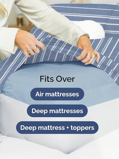 Extra Deep Twin XL Sheet Set - 4 Piece Breathable and Cooling Sheets - Hotel Luxury Bed Sheets Set - Easy Fit - Soft, Wrinkle Free and Comfy Sheets Set - Blue Striped Sheet Set with Extra Deep Pockets